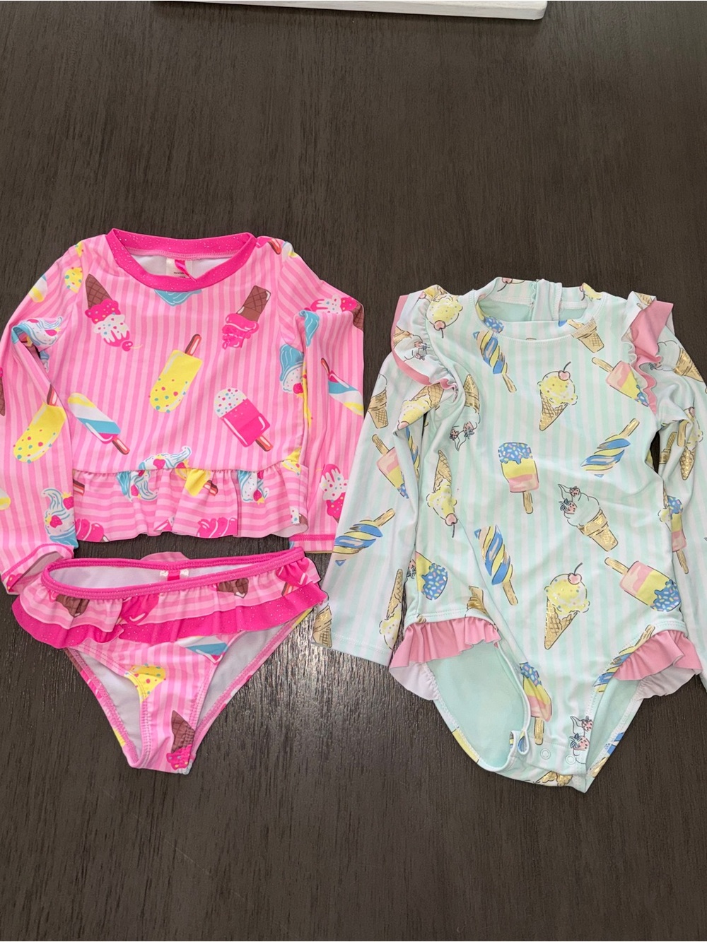 Kids Pink & Mint Ice Cream Print Swim Sets - Long Sleeve Rash Guard & One-Piece